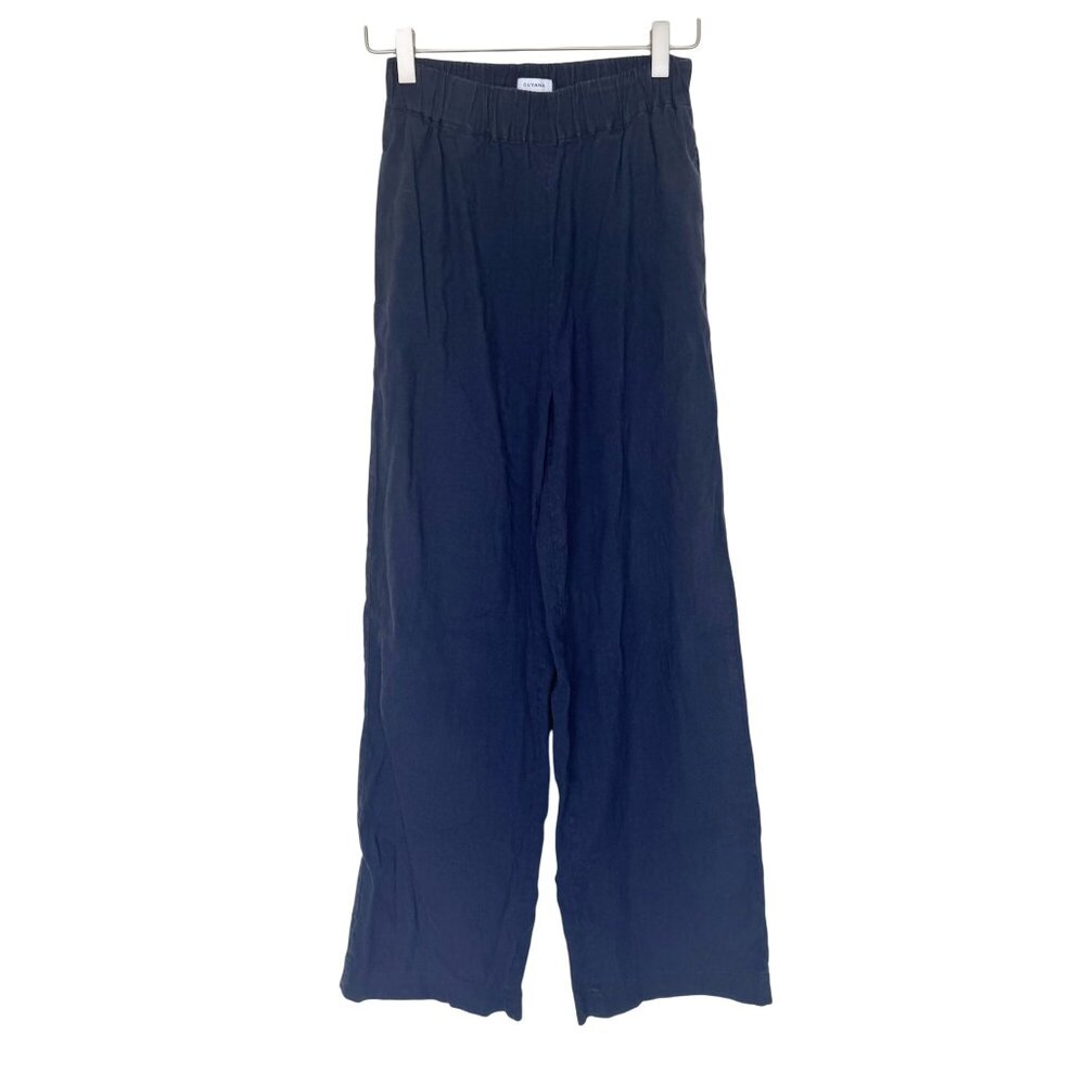 Cuyana XS Navy Blue Linen Blend Elastic Waist Wide-Leg Pants Pull On